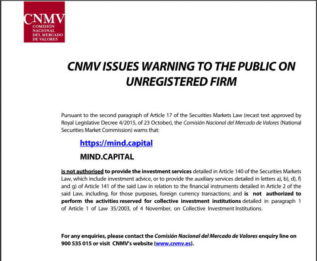 Spanische Finanzmarktaufsicht warnt vor Mind Capital CNMV: Mind Capital nicht registriert